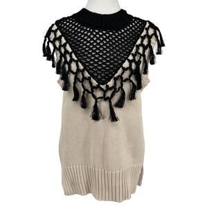 Yigal Azrouel Sweater Sleeveless Crochet Fringe Tassel Neck Cream Black Large